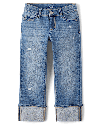 Girls Ripped Roll Cuff Straight Jeans