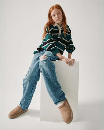 Girls Embroidered Platform Teddy Slip Ons