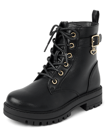 Girls Heart Charm Combat Boots