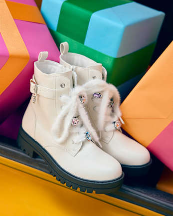 Girls Heart Charm Combat Boots