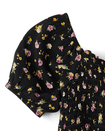Robe mi-longue à fleurs et smocks pour fille, coupe haute et basse