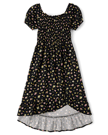 Girls Floral Smocked Midi High Low Dress