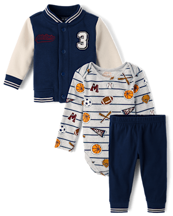 Ensemble de vêtements jeu 3 pièces brodés style universitaire pour bébé garçon