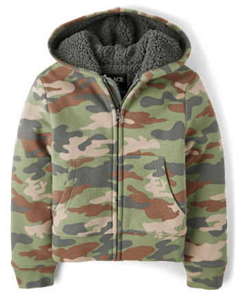Kids Camo Premium Fleece Sherpa Lined Zip Up Hoodie
