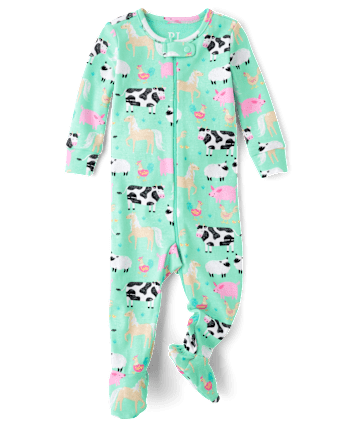 Baby And Toddler Girls Farm Animal Snug Fit Cotton Footed One Piece Pajamas