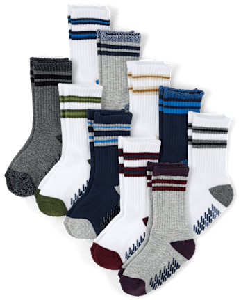 Boys Striped Cushioned Crew Socks 10-Pack