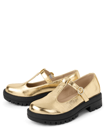Girls Metallic T-Strap Mary Jane Shoes