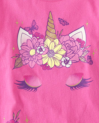 T-shirt graphique licorne à couronne de fleurs pour fille