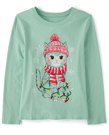 Girls Christmas Snow Cat Graphic Tee