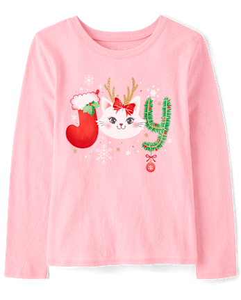 Girls Christmas Joy Cat Graphic Tee