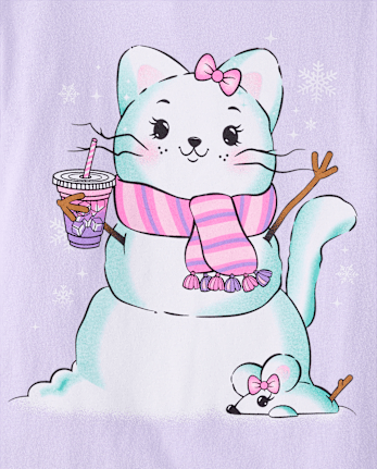 Girls Cat Snowman Graphic Tee