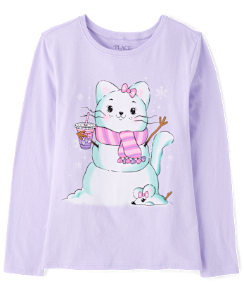 Girls Cat Snowman Graphic Tee