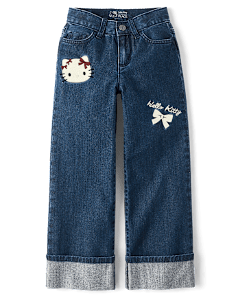 Girls Hello Kitty® Embroidered Roll Cuff Wide Leg Jeans