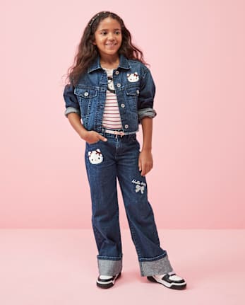 Girls Hello Kitty® Embroidered Roll Cuff Wide Leg Jeans