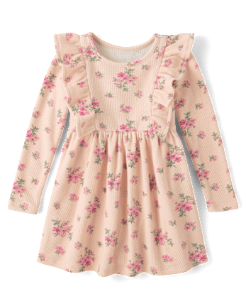 Baby And Toddler Girls Floral Plush Winter Waffle Thermal Babydoll Dress