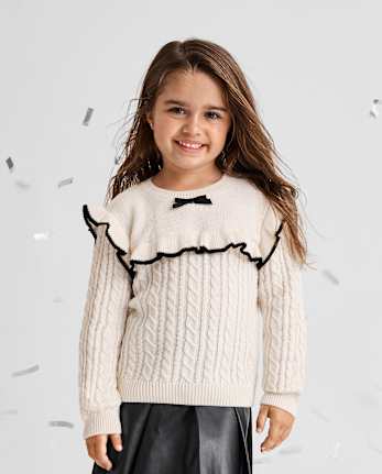 Toddler Girls Bow Ruffle Cable Knit Sweater