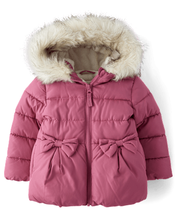 Toddler Girls Bow Faux Fur Lined Bubble Puffer Jacket