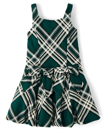 Girls Matching Family Plaid Bow Satin Bubble Dress