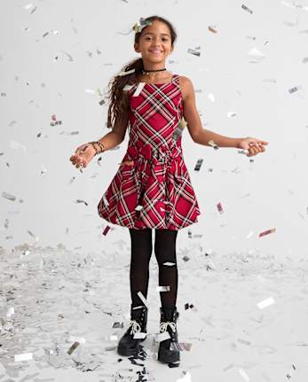 Robe à bulles en satin à carreaux et nœud assortis pour filles