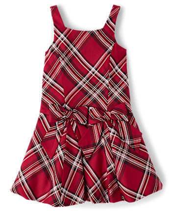 Girls Matching Family Plaid Bow Satin Bubble Dress
