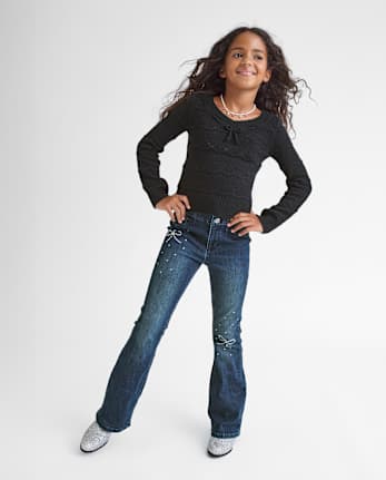 Girls Rhinestone Bow Flare Jeans