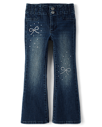 Girls Rhinestone Bow Flare Jeans