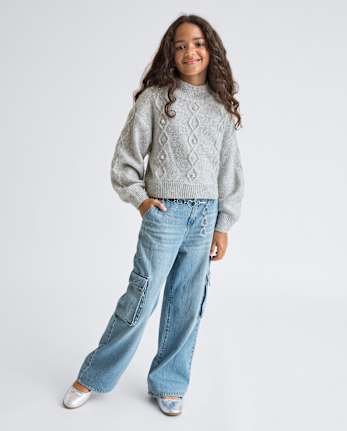 Pull court en maille torsadée avec fausses perles pour fille