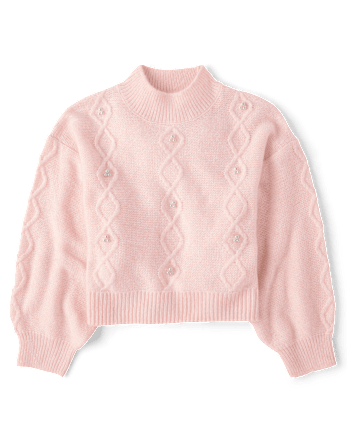 Girls Faux Pearl Cable Knit Cropped Sweater