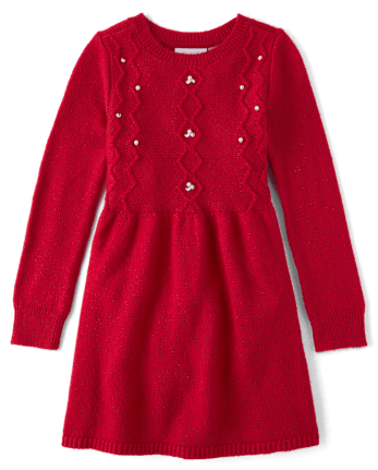 Girls Faux Pearl Cable Knit Sweater Dress