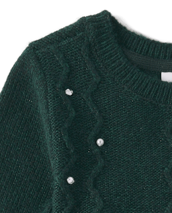Girls Faux Pearl Cable Knit Sweater Dress