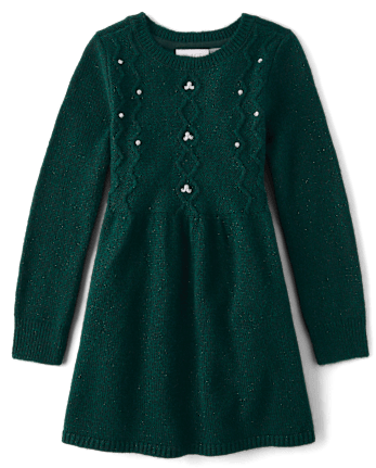 Girls Faux Pearl Cable Knit Sweater Dress