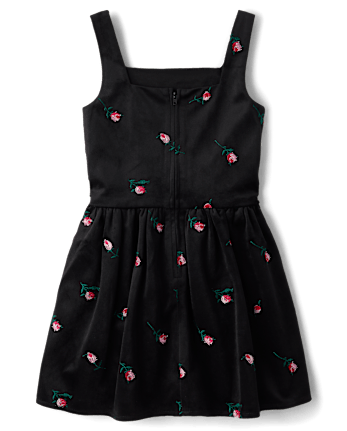 Girls Embroidered Floral Velour V-Waist Dress