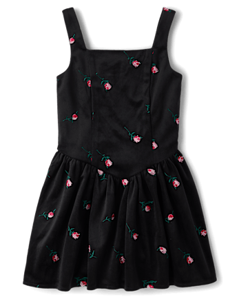 Girls Embroidered Floral Velour V-Waist Dress