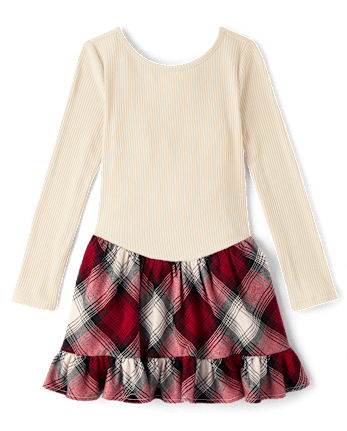 Girls Plaid Ribbed Drop Waist Dress