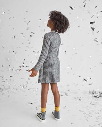 Girls Bow Ribbed Sweater Dress