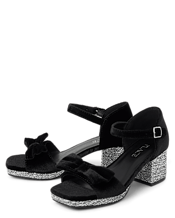 Girls Glitter Velvet Platform Block Heels