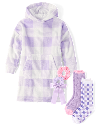 Girls Gingham Blanket Hoodie Pajamas - Cozy Fleece