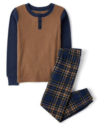 Boys Plaid Snug Fit Cotton Henley Pajamas