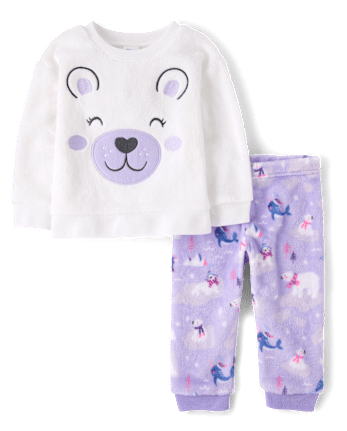 Baby And Toddler Girls Embroidered Polar Bear Pajamas - Cozy Fleece