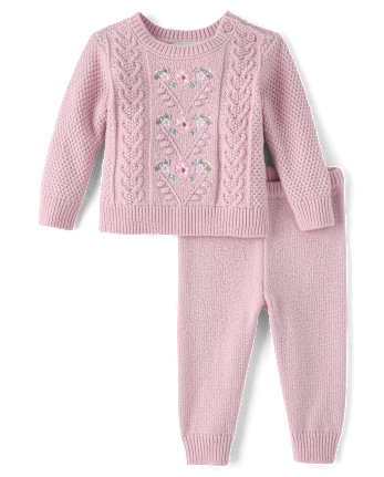 Baby Girls Embroidered Floral Cable Knit Sweater 2-Piece Playwear Ser