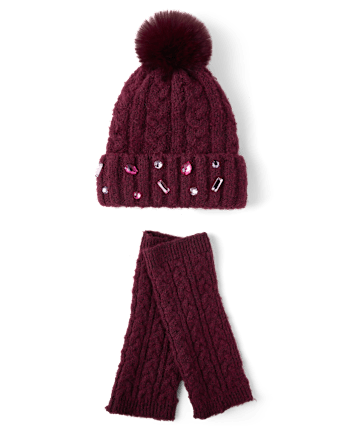 Girls Jeweled Cable Knit 2-Piece Cold Weather Set