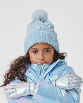 Girls Cable Knit Faux Pearl Pom Pom Beanie
