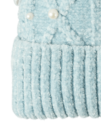 Girls Cable Knit Faux Heart Pearl Pom Pom Beanie