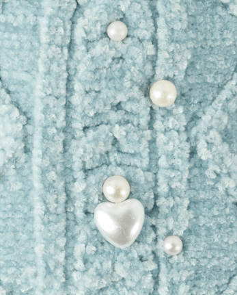 Girls Cable Knit Faux Heart Pearl Pom Pom Beanie