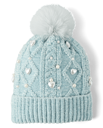 Girls Cable Knit Faux Pearl Pom Pom Beanie