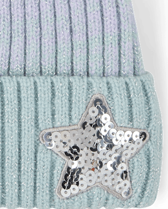 Girls Ombre Sequin Star Pom Pom Beanie