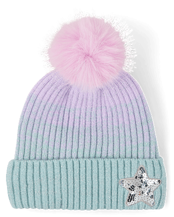Girls Ombre Sequin Star Pom Pom Beanie