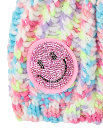 Girls Rainbow Embroidered Icon Pom Pom Beanie