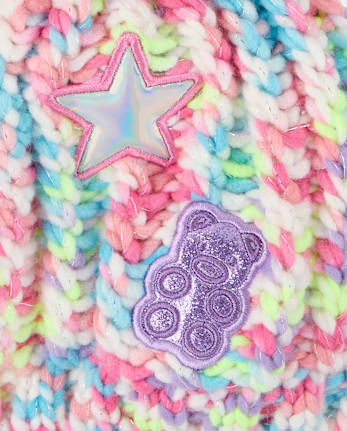 Girls Rainbow Embroidered Icon Pom Pom Beanie