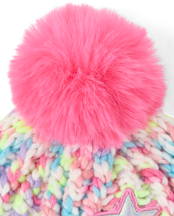 Girls Rainbow Embroidered Icon Pom Pom Beanie
